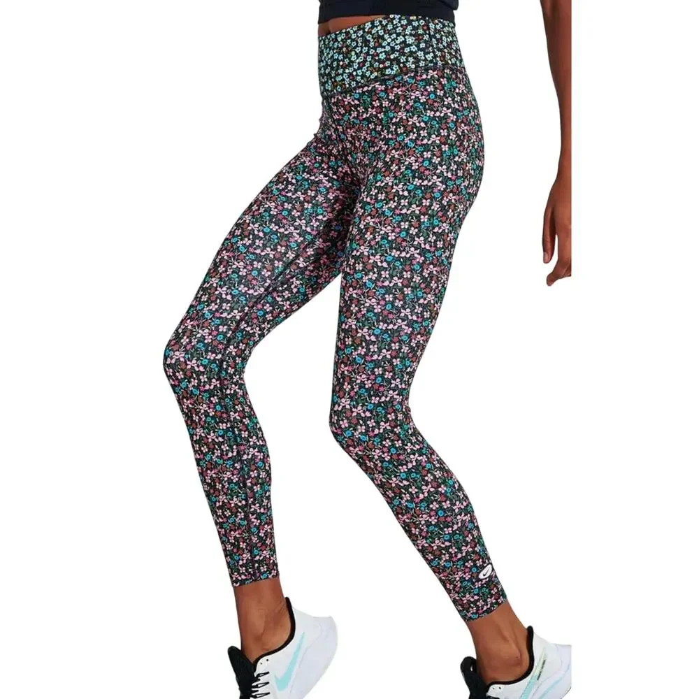 Nike One 7/8 Pink Blue Black Floral High Waist Performance Leggings Size XL